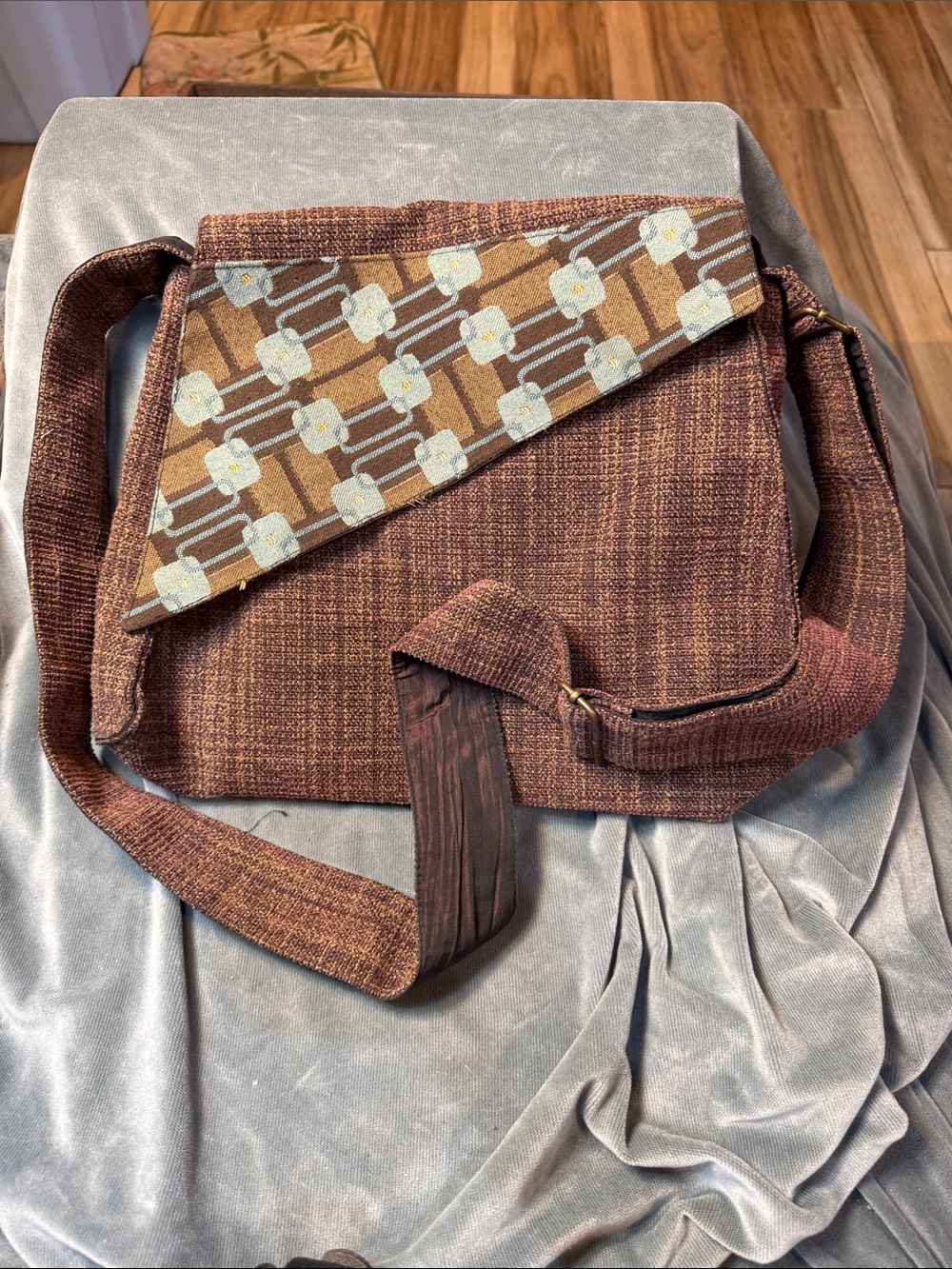 Brown Crossbody Messenger Bag with Geometric Flap handmade In Barcelona